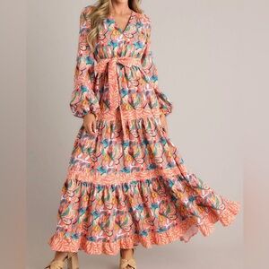 Aura Good Flows To Me Coral Floral Maxi Dress, size XS